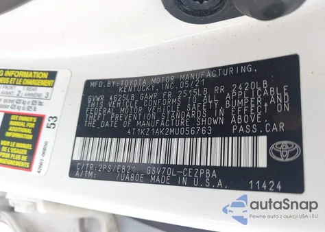 2021 Toyota Camry Trd z USA, uszkodzony, nr VIN 4T1KZ1AK2MU056763